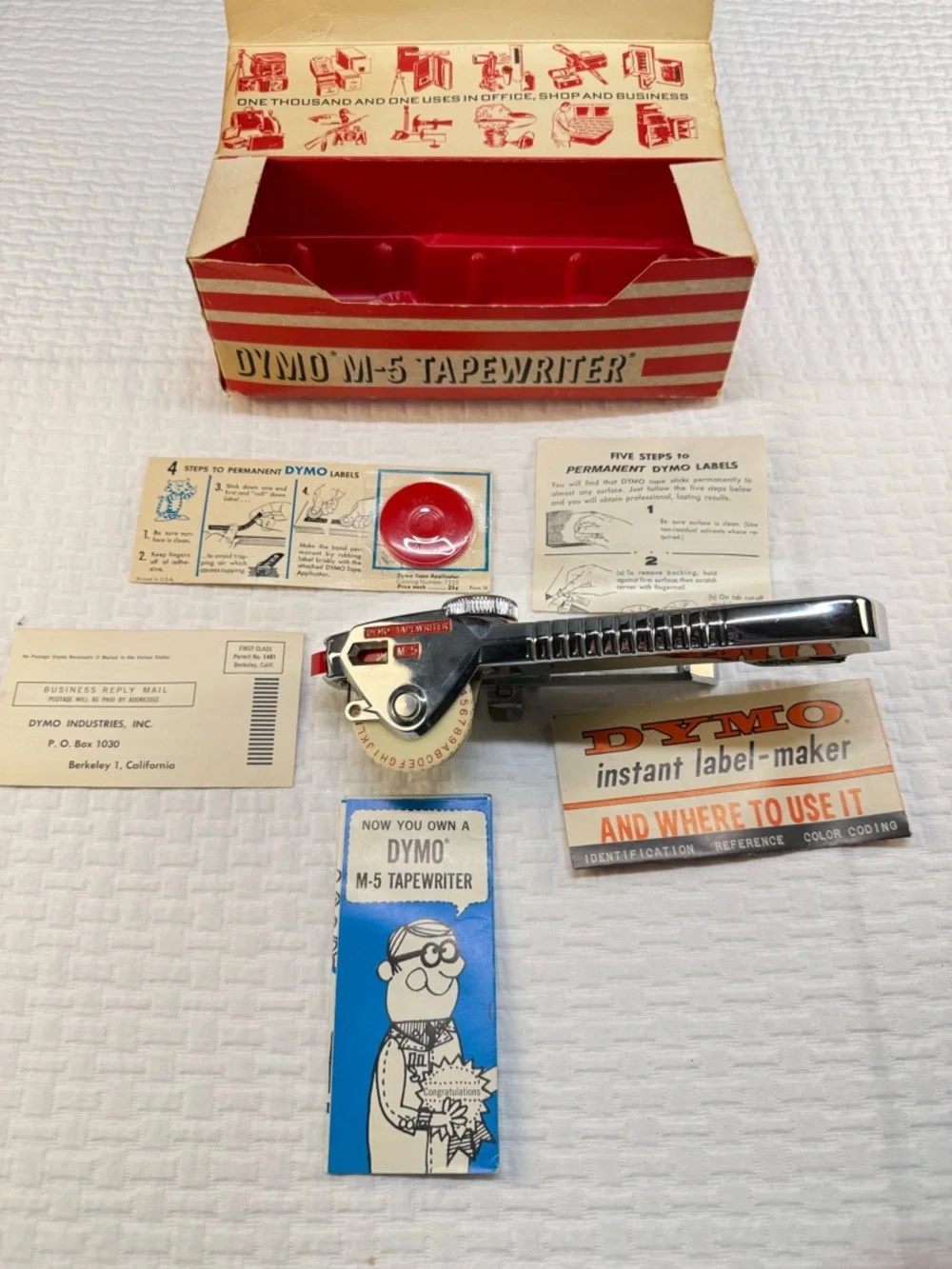 Dyno M-5 Tapewriter with Red-Striped Box and Blue Insert